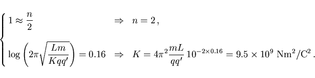 \begin{displaymath}
\left\{\hspace{-1mm}\begin{array}{lcl}
{\displaystyle 1\appr...
...6}=9.5\times
10^9~{\rm Nm}^2/{\rm C}^2}\, .
\end{array}\right.
\end{displaymath}