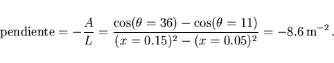 \begin{displaymath}
\mbox{pendiente}=-\frac AL=\frac{\cos(\theta=36)-\cos(\theta=11)}
{(x=0.15)^2-(x=0.05)^2}=-8.6\,{\rm m^{-2}}\, .
\end{displaymath}