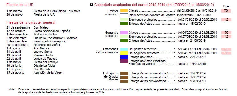 Calendario académico 2018-19