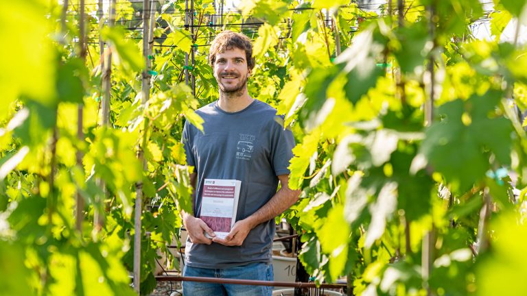 El doctor Andreu Mairata Pons posa con el volumen de su tesis en un viñedo del ICVV en la finca de La Grajera
